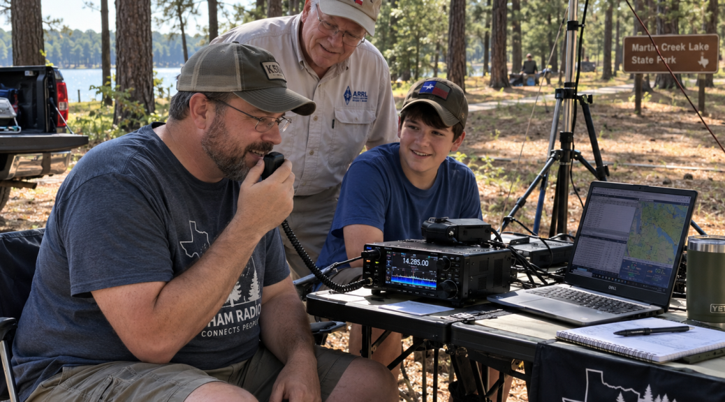 People using a portable ham radio and laptop at an outdoor table in East Texas.